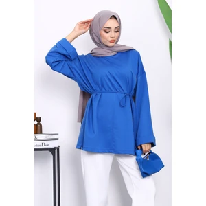 Saks Mavi Yanları Yırtmaçlı Bel Ipli Tunik