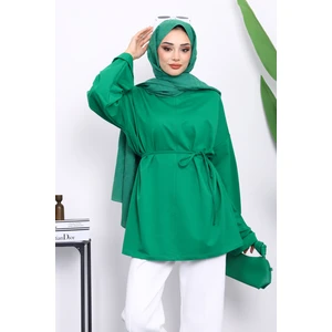 Yeşil Yanları Yırtmaçlı Bel Ipli Tunik