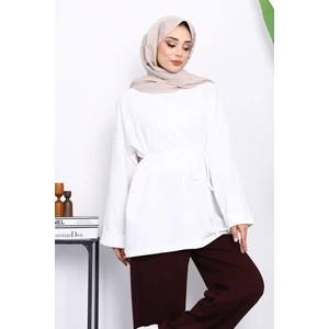 Ekru Yanları Yırtmaçlı Bel Ipli Tunik