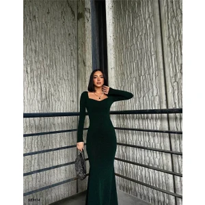 Kalp Yaka Balık Model Flowers Kumaş Abiye Elbise Zümrüt 583114