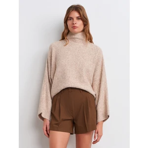 10817 Yarasa Kol Yün Karışımlı Triko Kazak-Bej Melanj