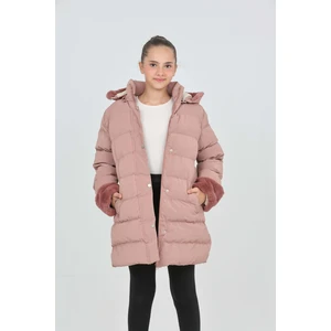 Kız Çocuk Kol ve Kapüşonda Kürk Detay Cepli Çıkabilir Kapüşon Şık Kışlık Kız Çocuk Mont