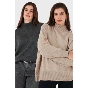 Oversize Fit Balıkçı Yaka Yumuşak Dokulu 2'li Paket Triko Kazak Bayan Kazak 680KZ00469S2