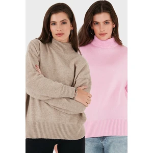 Oversize Fit Balıkçı Yaka Yumuşak Dokulu 2'li Paket Triko Kazak Bayan Kazak 680KZ00469S2