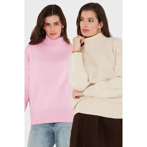 Oversize Fit Balıkçı Yaka Yumuşak Dokulu 2'li Paket Triko Kazak Bayan Kazak 680KZ00469S2