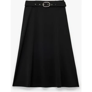 Krep Scuba Kumaş Kemer Detaylı Midi Kloş Etek