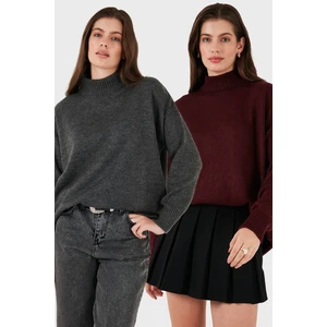 Oversize Fit Balıkçı Yaka Yumuşak Dokulu 2'li Paket Triko Kazak Bayan Kazak 680KZ00469S2