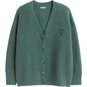 6953 Kadın Oversize Yün Karışımlı Premium Kalp Nakışlı Hırka Zümrüt