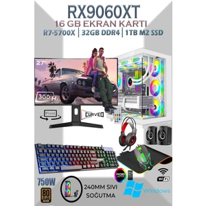 TCW99 Ryzen 7 5700X 32GB 1tb M.2 SSD RX9060XT 16GB 27'' 300HZ Sıvı Soğutmalı Beyaz Masaüstü Oyuncu Bilgisayarı Hazır Sistem