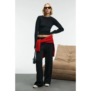 MARIPOSA Kadın Yuvarlak Yaka Çizgi Desenli Crop Geniş Paça Triko Siyah Alt-Üst Takım