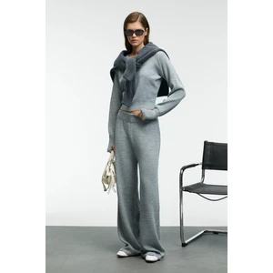 MARIPOSA Kadın Yuvarlak Yaka Çizgi Desenli Crop Geniş Paça Triko Grimelanj Alt-Üst Takım