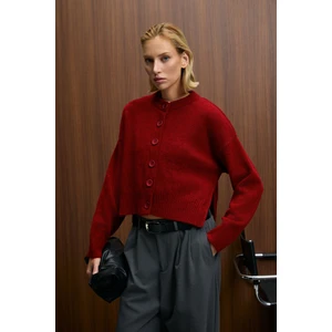 PUREZA Kadın Yuvarlak Yakalı Uzun Kollu Düğmeli Yumuşak Dokulu Regular Fit Triko Kırmızı Kazak