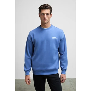 Ernest Erkek Organik Pamuklu Yumuşacık Baskı Detaylı Bisiklet Yaka İçi Polarlı Açık Mavi Sweatshirt