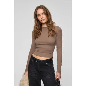 GRIGROS Kadın Esnek Kumaşlı Vücuda Oturan Slim Fit Uzun Kollu Vizon T-Shirt