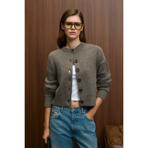 PUREZA Kadın Yuvarlak Yakalı Uzun Kollu Düğmeli Yumuşak Dokulu Regular Fit Triko Kahverengi Kazak