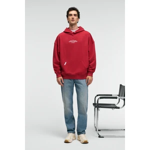 CLAY Erkek %100 Pamuk Kapüşonlu Çıtçıtlı Baskılı Cebi Süs Etiketli Kırmızı Sweatshirt