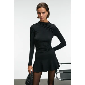 SOLEMA Kadın Bisiklet Yakalı Büzgü Detaylı Slim Siyah Bluz