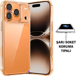 iPhone 17 Pro Uyumlu Şarj Soketi Koruma Tıpalı - Kamera Korumalı Şeffaf Silikon Kılıf