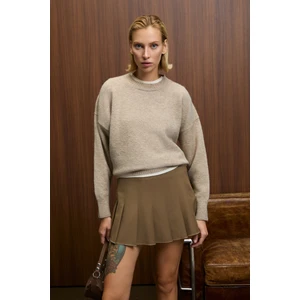 Nanna Kadın Oversize Fit Bol Kalıp Yuvarlak Yaka Recycle Triko Bej Kazak