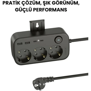 3’lü Akım Korumalı Priz | 2 USB + 2 Type-C Girişli | Anahtarlı ve Duvara Monte Edilebilir Uzatma Kablosu – Siyah
