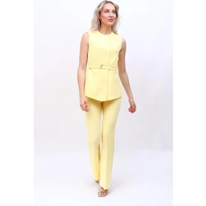 Sıfır Yaka Kemerli Yelek & Ispanyol Paça Pantolon-Sarı