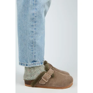 Zeta Kürklü Kadın Hakiki Deri Kürklü Hakiki Deri Kemerli Oksit Tokalı Vizon- Haki Terlik