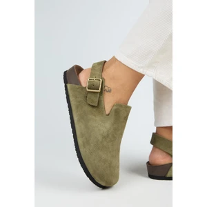 Holly 2 Kadın Deri Hakiki Deri Kemerli Tokalı Sabo Haki Sandalet