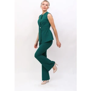 Sıfır Yaka Kemerli Yelek & Ispanyol Paça Pantolon-Zümrüt