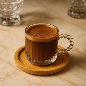 6 Kişilik 12 Parça Cam Bambu Tabaklı Kahve Fincan Takımı Seti 130ML