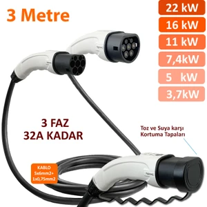 3 Metre, Elektrikli Araç Şarj Kablosu 22KW-16KW-11KW-7,4KW-5KW-3,7KW 32A Kadar -Tr-Ab Tüm Tip 2 Araçlara Uyumlu