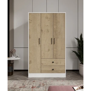 %100 Mdf 3 Kapaklı 2 Çekmeceli 7 Raflı Gardırop –elbise Dolabı 182X105X52 cm Meşe – Soft Beyaz Animasyonlu