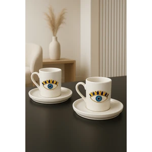 2 Kişilik Beyaz Porselen Nazar Göz Kahve Fincan Takımı Sunum Fincanı 100ML