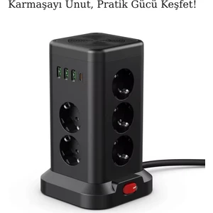11’li Akım Korumalı Çoklu Priz Kulesi – 3 Usb-A + 1 Type-C Çıkışlı, Anahtarlı ve Hızlı Şarj Özellikli