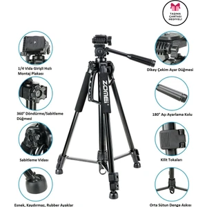 ZM-1200 Kamera ve Telefon TRIPODU-360° Dönebilen Telefon Tutucu ve Çanta Hediyeli