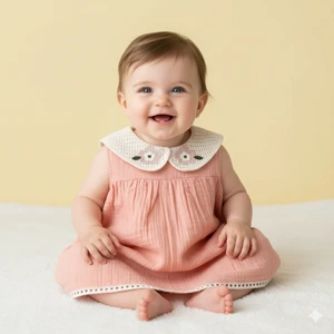 Doğal Müslin Kumaş Kız Bebek Elbisesi - Dantel Yakalı 🌸