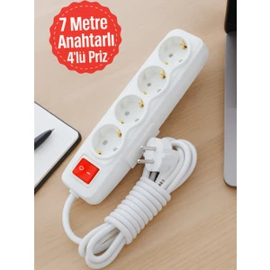 7 Metre 4'lü Anahtarlı Kablolu Topraklı Grup Priz 