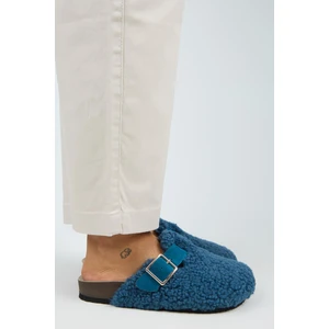 Suzen Teddy Kadın Kürklü Hakiki Deri Kemerli Tokalı Gece Mavisi Terlik