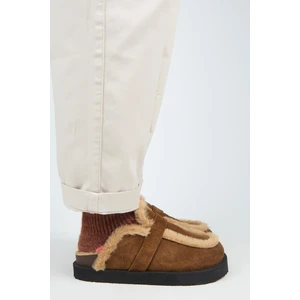 (Ecemi Platform) Kadın Hakiki Deri Kürklü Loafer Platform Taba Terlik