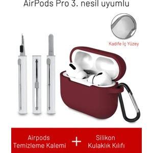 Airpods Pro 3. Nesil Uyumlu Içi Kadife Askı Aparatlı Darbelere Dayanıklı Silikon Kılıf ve Elektronik Temizleme Kalemi