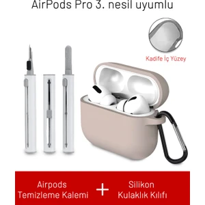 Airpods Pro 3. Nesil Uyumlu Içi Kadife Askı Aparatlı Darbelere Dayanıklı Silikon Kılıf ve Elektronik Temizleme Kalemi