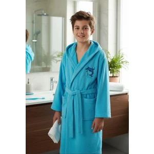 Hera Textile Kapüşonlu ve Kemerli Pamuklu TURKUAZ Erkek-Kız Genç Çocuk Bornozu(PAMUKLU-YUNUS NAKIŞLI-YUMUŞAK)