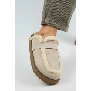 (Ecemi Platform) Kadın Hakiki Deri Kürklü Loafer Platform Bej Terlik