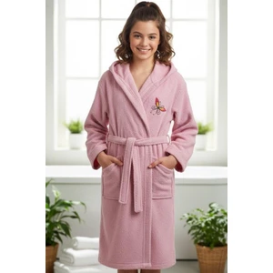 Hera Textile Kapüşonlu ve Kemerli Pamuklu PEMBE Erkek-Kız Genç Çocuk Bornozu(PAMUKLU-KELEBEK NAKIŞLI-YUMUŞAK)