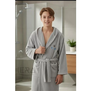 Hera Textile Kapüşonlu ve Kemerli Pamuklu GRİ Erkek-Kız Genç Çocuk Bornozu(PAMUKLU-DÜMEN NAKIŞLI-YUMUŞAK)