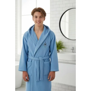 Hera Textile Kapüşonlu ve Kemerli Pamuklu MAVİ Erkek-Kız Genç Çocuk Bornozu(PAMUKLU-DÜMEN NAKIŞLI-YUMUŞAK)