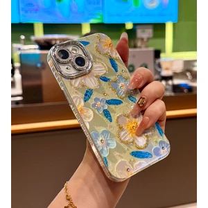iPhone 15 Kılıf Renk Geçişli Taşlı Kamera Lens Korumalı Simli Yeşil Çiçek Desenli Darbe Emici Kapak