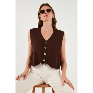 Standart Fit V Yaka Düğmeli Triko Yelek Bayan Yelek 4616177