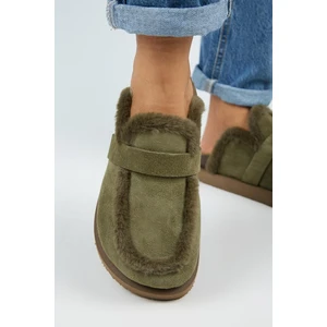 (Ecemi Platform) Kadın Hakiki Deri Kürklü Loafer Platform Haki Terlik