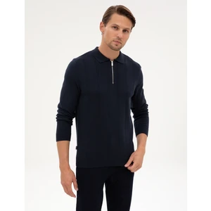 Pierre Cardin Erkek Lacivert Slim Fit Polo Yaka Fermuarlı Triko Kazak 50317398-VR033