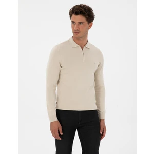 Pierre Cardin Erkek Krem Melanj Slim Fit Polo Yaka Fermuarlı Basic Triko Kazak 50315406-VR159